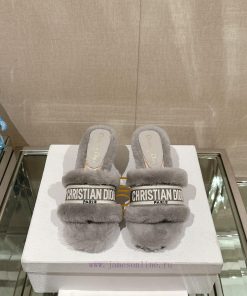 Leather pad foot 6.5cm gray uniform-23Ss Autumn/Winter New Dior One Word Hairy Slippers Collm28mvaqs