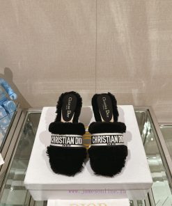 Leather foot pad 8cm black uniform-23Ss Autumn/Winter New Dior One Word Hairy Slippers Colleju37wwcw