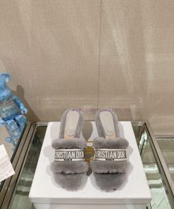 Leather foot pad 8cm gray uniform-23Ss Autumn/Winter New Dior One Word Hairy Slippers Collec1rbx9utj