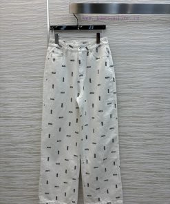 CK77556 Miu Miu 25 New Style Letter Printed Denim Straight Leg Pants White Straight Leg Jeans W 4hq3uxim