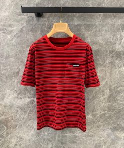 ZT60510 MiuMi * 25Ss Early Spring New Letter Logo Sticker Black And Red Striped Short Sleeved T bsok9d0d