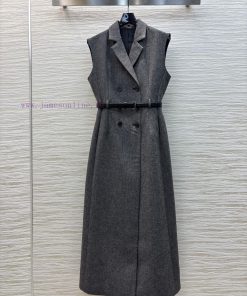 CL76050 Dior 25 Early Spring New Item High-end Gray Suit Collar Belt Vest Dress Large V-neck Sl ggdvzrio