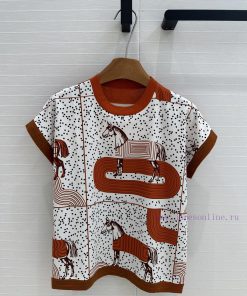 BT76088 Hermes 25 Early Spring New Product: Horse Printed Pattern Splicing Knitted Top With Pol 0tmt4dbt