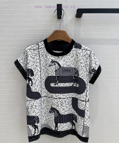BT76088 Hermes 25 Early Spring New Product: Horse Printed Pattern Splicing Knitted Top With Pol fi91e8pe