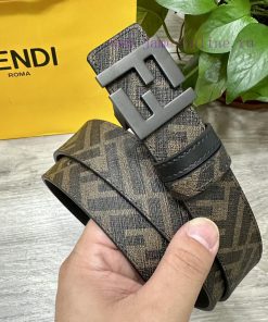 FENDI 3.5CM wide double ring front and back waist belt with FF nail buckle black Cuoio Roman fdlspofd