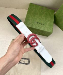 Width 4.0cm GUCCI classic canvas woven belt with woven leather edges and double G-buckles, p nhnlq2js