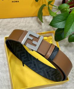 FENDI style, width 4.0CM, double ring front and back waist belt with F nail buckle, earth ye 3ktk36mu