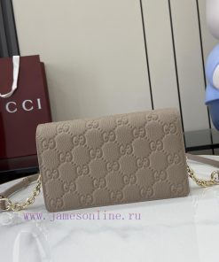 Gucci New GG Emblem Series Super Soft Lychee Grey Embossed/Full Leather Chain BagModel 81870 0ajrtljj