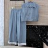 DG008 New Set ️100% Linen Zipper Vest Vest Vest ➕ Hemp Cropped Pants Set Light Blue And Dark 4elfy6vg