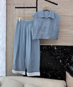DG008 New Set ️100% Linen Zipper Vest Vest Vest ➕ Hemp Cropped Pants Set Light Blue And Dark 4elfy6vg
