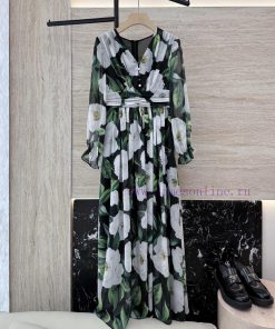 XF030 New Dress ️V-neck Camellia Print Flowing Long Dress Green SMLXLXXLUpdate Time: March 14 n32t64x2