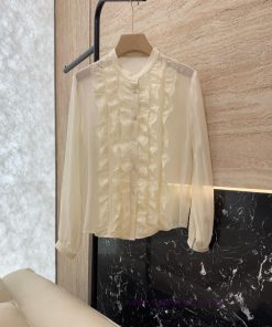BS611 New Shirt ️Chloe Black Fungus Edge Lace Embroidered Long Sleeved Beige Silk Shirt 36/38 rayq6z3q