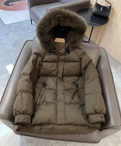 AH281 Max Mara Oversized Fox Fur Collar Mid Length 90% White Goose Down Down Jacket Black Coffe qcpiu8ag