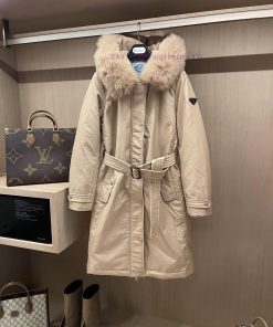 AH218 Prada Trench Coat Down Jacket Waist Cinched Oversized Fox Fur Collar 90% White Goose Down wgofa156