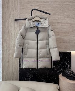 8339 New Down Jacket ️Prada Triangle Logo With Hat Long Sleeved Down JacketBlack Beige Khaki 36/ vedw3utr