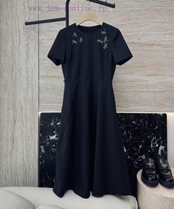 LM003 New Dress ️Dior 70% Wool Full Nail Bead Dragonfly Slim Fit Short Sleeved Dress Black SM fp4v0svd