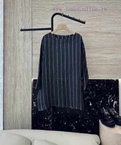 MY071 New Top ️Loro Piana 100% Linen Fabric Striped One Neck Long Sleeved Top In Blue Green B ppn4x95y