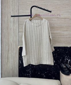 MY071 New Top ️Loro Piana 100% Linen Fabric Striped One Neck Long Sleeved Top In Blue Green B o1l9i6if