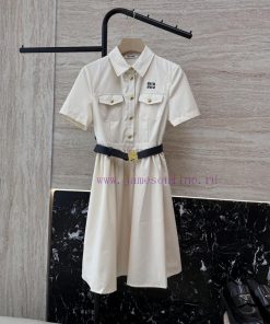 MS001 New Dress ️Miu Home Letter Embroidered Short Sleeve Belt Dress Black Beige SMLUpdate Ti zrxkbom5