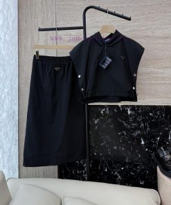 MS003 New Package ️Prada Triangle Logo Short Sleeved Waist Cinching Short Top ➕ Long Skirt Se iu8rro4c