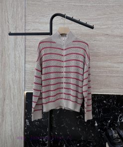 258003 New Knitted Sweater ️BC 100% Linen Striped Zipper Long Sleeved Knitted Sweater In Two tkkidmyl
