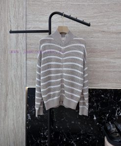 258003 New Knitted Sweater ️BC 100% Linen Striped Zipper Long Sleeved Knitted Sweater In Two 14vfsqgf