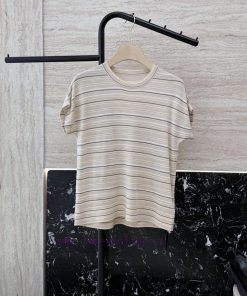 24005B New Knitted Sweater ️Loro Piana 100% Wool Short Sleeved Striped Knit Sweater In Aprico kll25jev