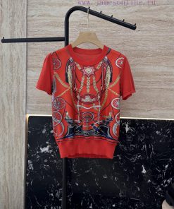 H32521 New Knitted Sweater ️Hermes 100% Silk ➕  Knitted Fabric Short Sleeved Sweater Red Apri smip5zcc