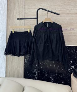 AX005 New Package ️Zim... 55 Linen Hollow Embroidered Long Sleeved Top ➕ Shorts Set Black And wi72c98o