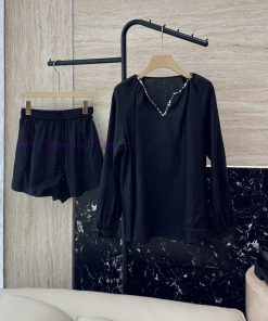 AX002 New Package ️Zim... 100% Linen Handmade Beaded Long Sleeved Top ➕ Shorts Set Black And 3labhff3