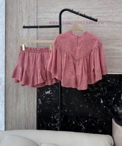 AX005 New Package ️Zim... 100% Linen Ruffle Embroidered Top ➕ Shorts Set Watermelon Red SMLUp bq0b99f2