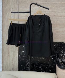 AX006 New Package ️Zim... 100% Linen Hollow Embroidered Long Sleeved Top ➕ Shorts Set Black S y5k3siv6