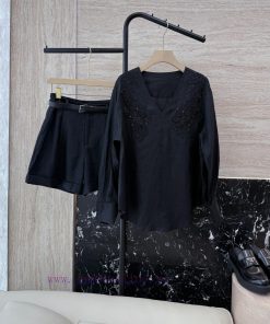 AX007 New Package ️Zim... 100% Linen Handmade Beaded Long Sleeved Top ➕ Shorts Set Black And svgrccva