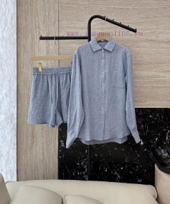 JC054 New Set ️Loro Piana Top Edition 100% Linen Logo Linen Shirt ➕  Shorts Set Blue 36/38/40 b0qz4mxb