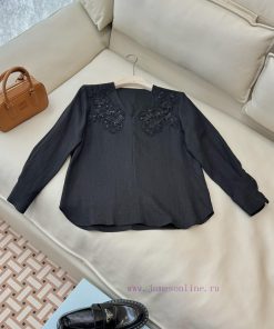 BS0439 New Top ️ES Heavy Industry Nail Bead V-neck 100% Linen Fabric Long Sleeve Top Black An 99wr44fx