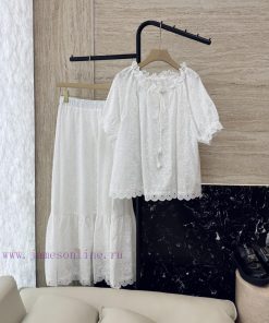 YM027 New Set ️Zim * Cotton Embroidered Short Sleeve Top ➕ Long Skirt Set Blue And White SMLU 4ziaxmfn