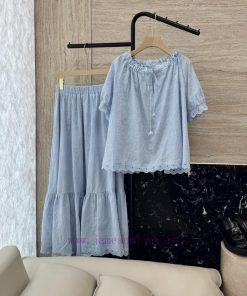 YM027 New Set ️Zim * Cotton Embroidered Short Sleeve Top ➕ Long Skirt Set Blue And White SMLU aklw5d8n