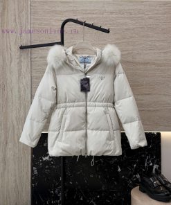 P-8512 New Down Jacket ️Prada Triangle Logo Oversized Fox Fur Collar 90% White Goose Down Sho 3eebgog0