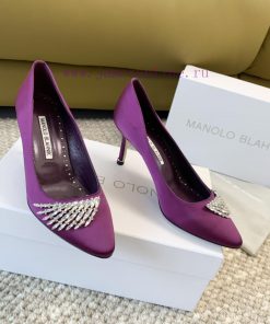 Manolo Blahnik MB2024 Rhinestone Buckle Pointed Flat Shoes Real Silk Satin High HeelsReal Leath u78oiak8