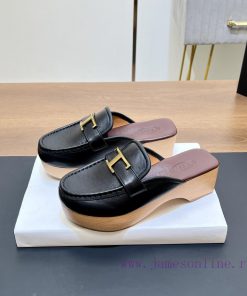 TODS New Solid Wood Bottom Slippers Mueller Slippers Half Towed Wooden Covered Slippers With He caoouski