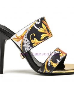 35-42 YardsVersace High-heeled Printed Sandals Fabric Cowhide Print Inner Footrest Sheepskin Ru b7pcsr5x